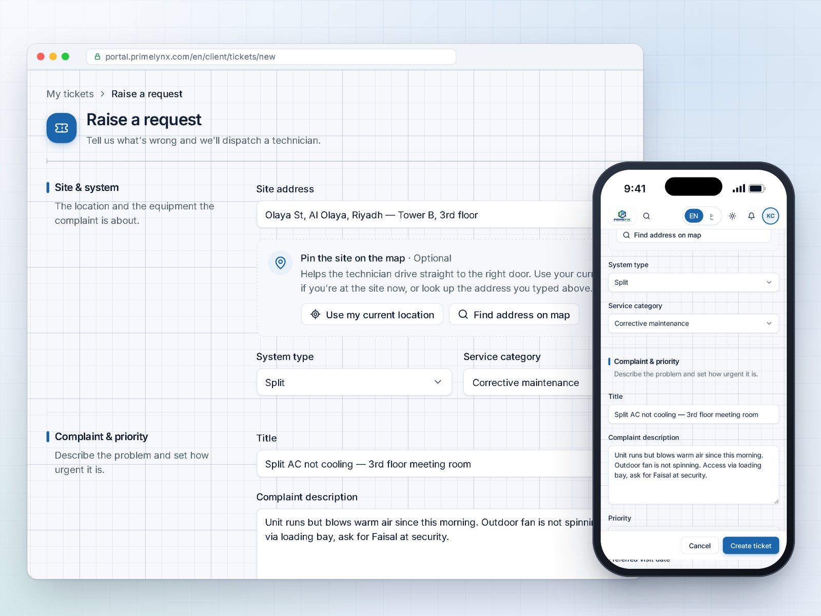 PRIMEFIX Raise a request form in the web portal and the mobile app, with site address, system type and complaint fields